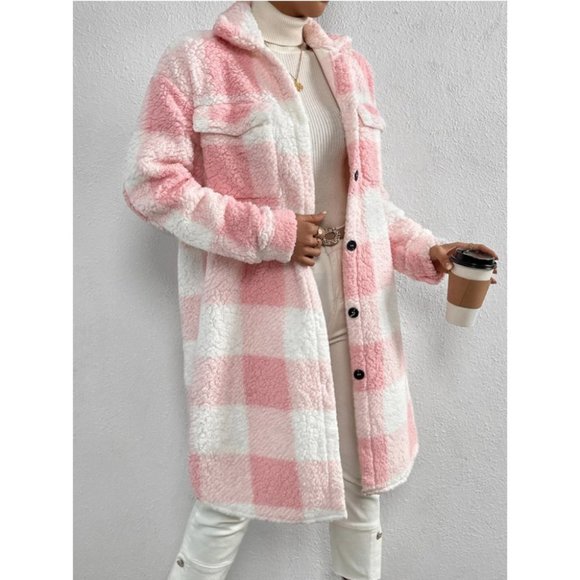 Plaid Flap Pocket cozy comfy Teddy Coat Shacket Pink - Picture 3 of 7